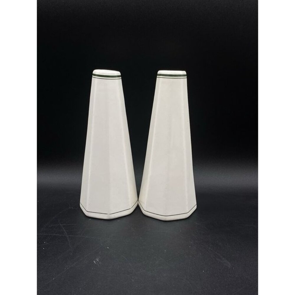 2 Old Medallion Sterling China Green Band Octagonal Railroad Restaurant Bud Vase